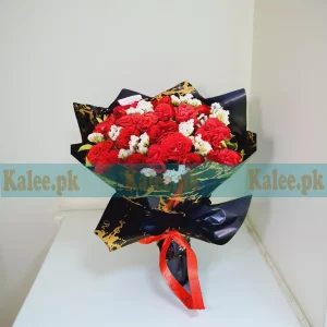 Black Marble Red Roses Bouquet With Statice