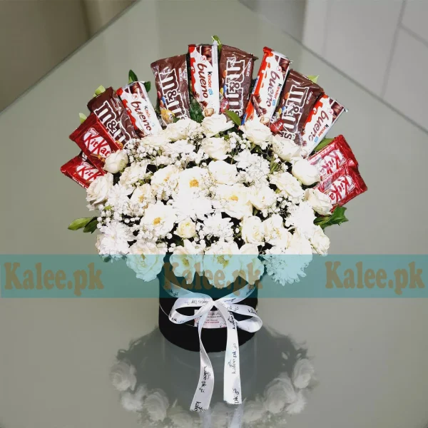 Chocolates Box With White Roses & Baby's Breath