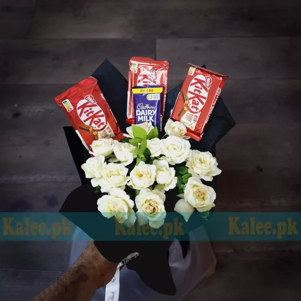 KitKat Dairy Milk Chocolates Bouquet With White Roses