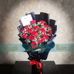 15 Imported Red Roses Bouquet With Baby's Breath