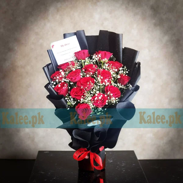 15 Imported Red Roses Bouquet With Baby's Breath