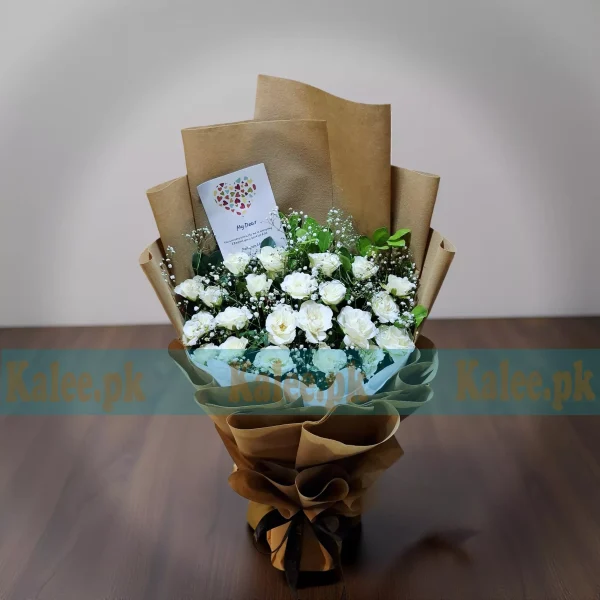 White Roses Flowers Bouquet With Baby's Breath