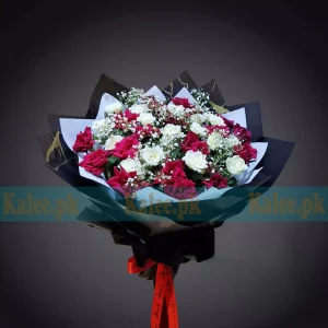 White & Red Roses Round Bouquet With Baby's Breat