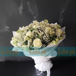 Imported White Roses Baby's Breath & Tuberose Bouquet