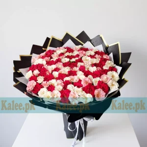 Red Pink & White 100 Roses Flowers Bouquet