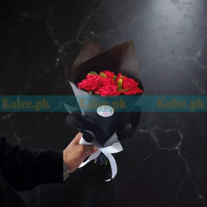Red Rose Flowers Black Paper Wrapped Bouquet