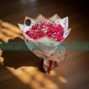 Red Rose Flowers Round Bouquet With Baby's Breath