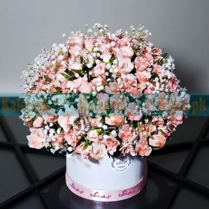 Pink Rose Flowers Box With Baby's Breath