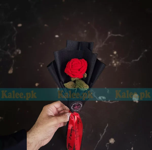 Crochet Single Red Rose Flower Bouquet