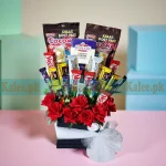 Treat Box with artificial red roses, chocolates, Cocomo, and cookies – Karachi gift shop Kalee.pk