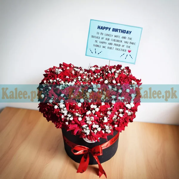 Heart Shaped Red Roses Box With Baby's Breath
