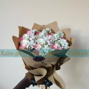 Pink White Roses Bouquet With Baby's Breath