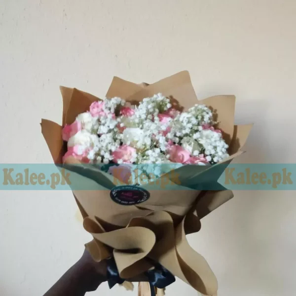 Pink White Roses Bouquet With Baby's Breath