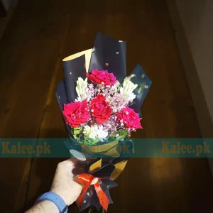 Roses Bouquet With Colored Baby's Breath & Tuberose