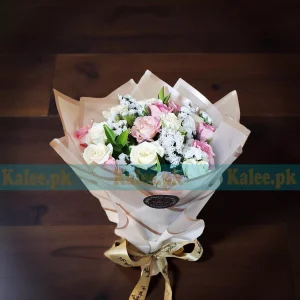 White Pink Roses Bouquet With Statice