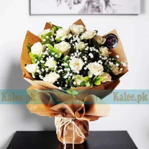 White Fresh Roses Bouquet With Baby's Breath