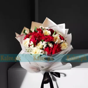 White Red Roses Bouquet With Statice