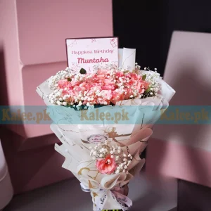 Pink Flowers Bouquet With Baby's Breath, beautifully arranged with fresh blooms and soft white fillers for an elegant floral gift.