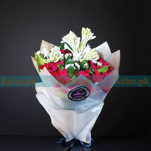 Red Rose Statice & Tuberose Flowers Bouquet