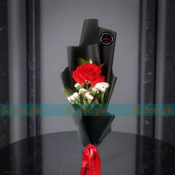 Red Rose Single Flower Bouquet With Statice