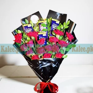 Dairy Milk Chocolates Flat Bouquet With Roses