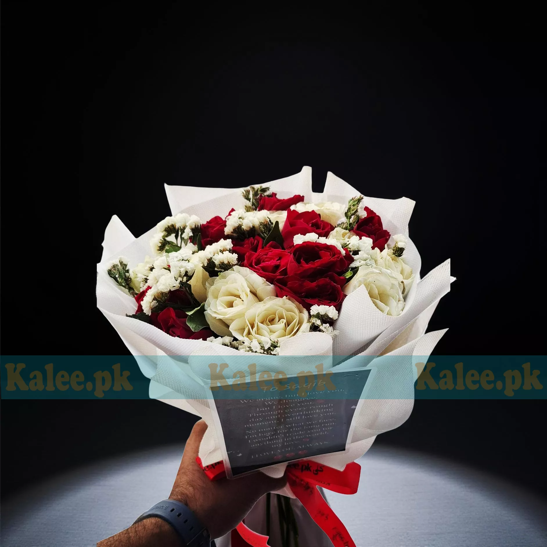 White And Red Roses Round Bouquet With Statice