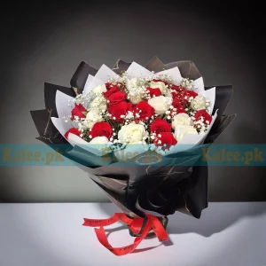 White & Red Roses Bouquet With Baby's Breath