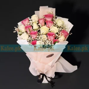 Imported Pink & White Roses Bouquet With Baby's Breath