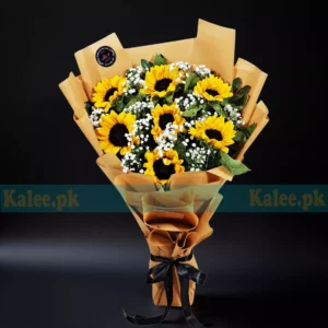 Imported Sunflowers Flat Bouquet With Baby's Breath