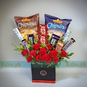 Chocolates And Chips Box With Red Roses
