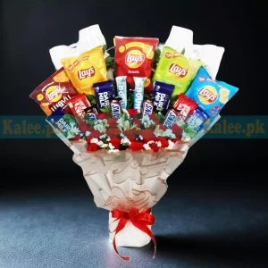 Mix Chocolates And Chips Bouquet With Flowers