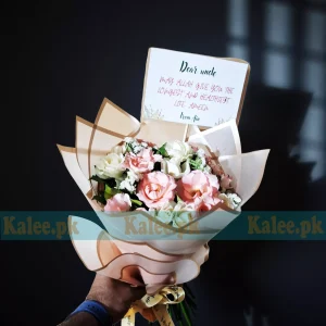 Pink And White Roses Bouquet With Statice