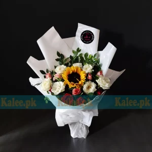 Sunflower Bouquet With White And Pink Rose