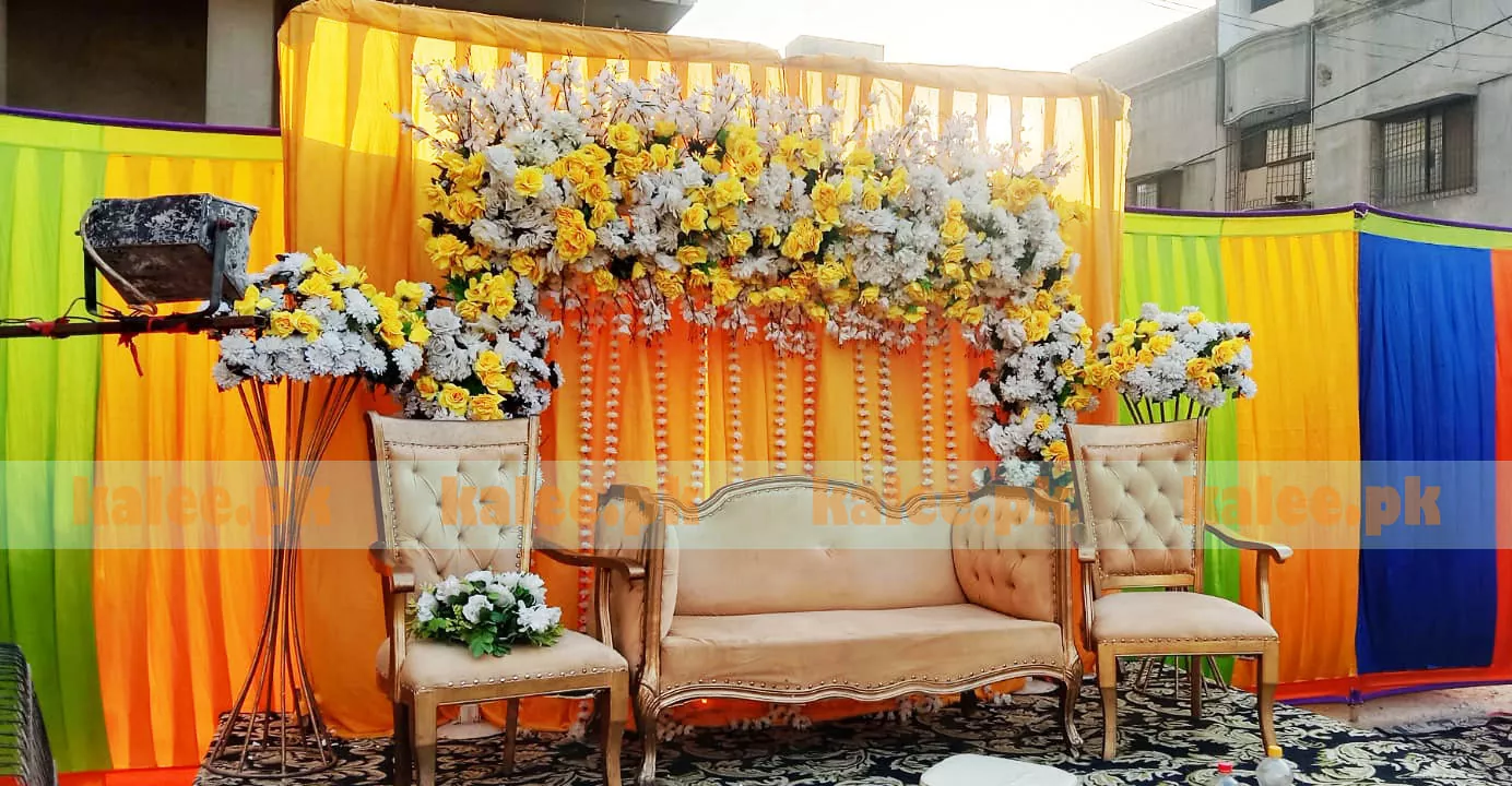 Mehndi Mayo Stage Decor With Artificial Flowers