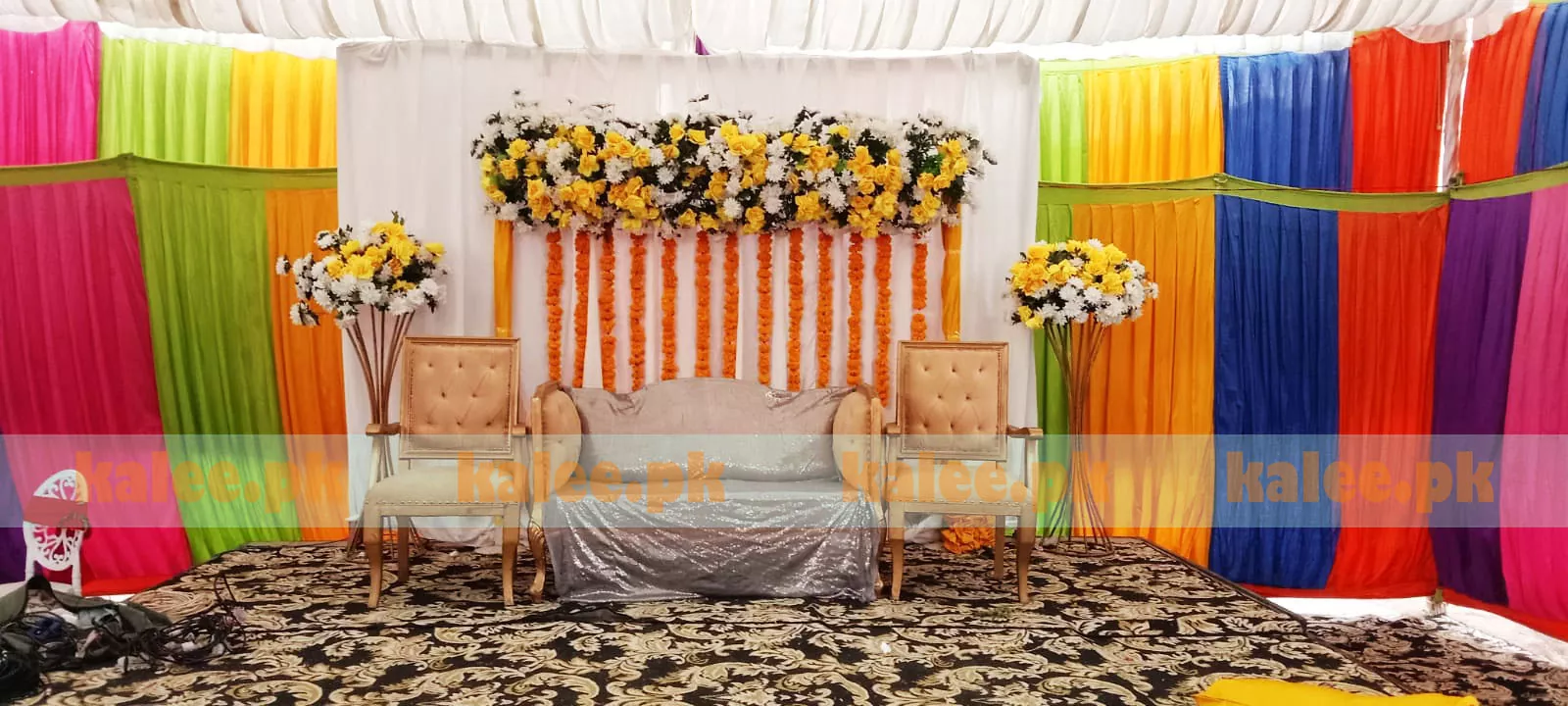 Mehndi Mayo Setup With Artificial Flowers
