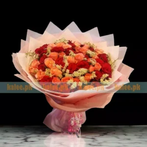 Pink & Red Roses Round Bouquet With Lacy Lace