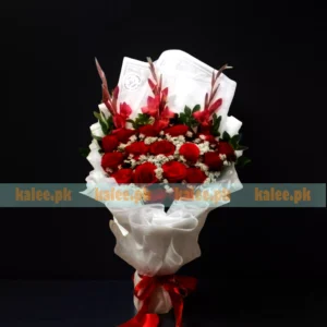 Red Roses & Gladiolus Bouquet With Lacy Lace