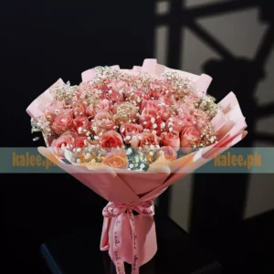 Pink Roses And Baby's Breath Round Bouquet