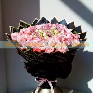 Pink Roses & Baby's Breath Bouquet With Choco Balls