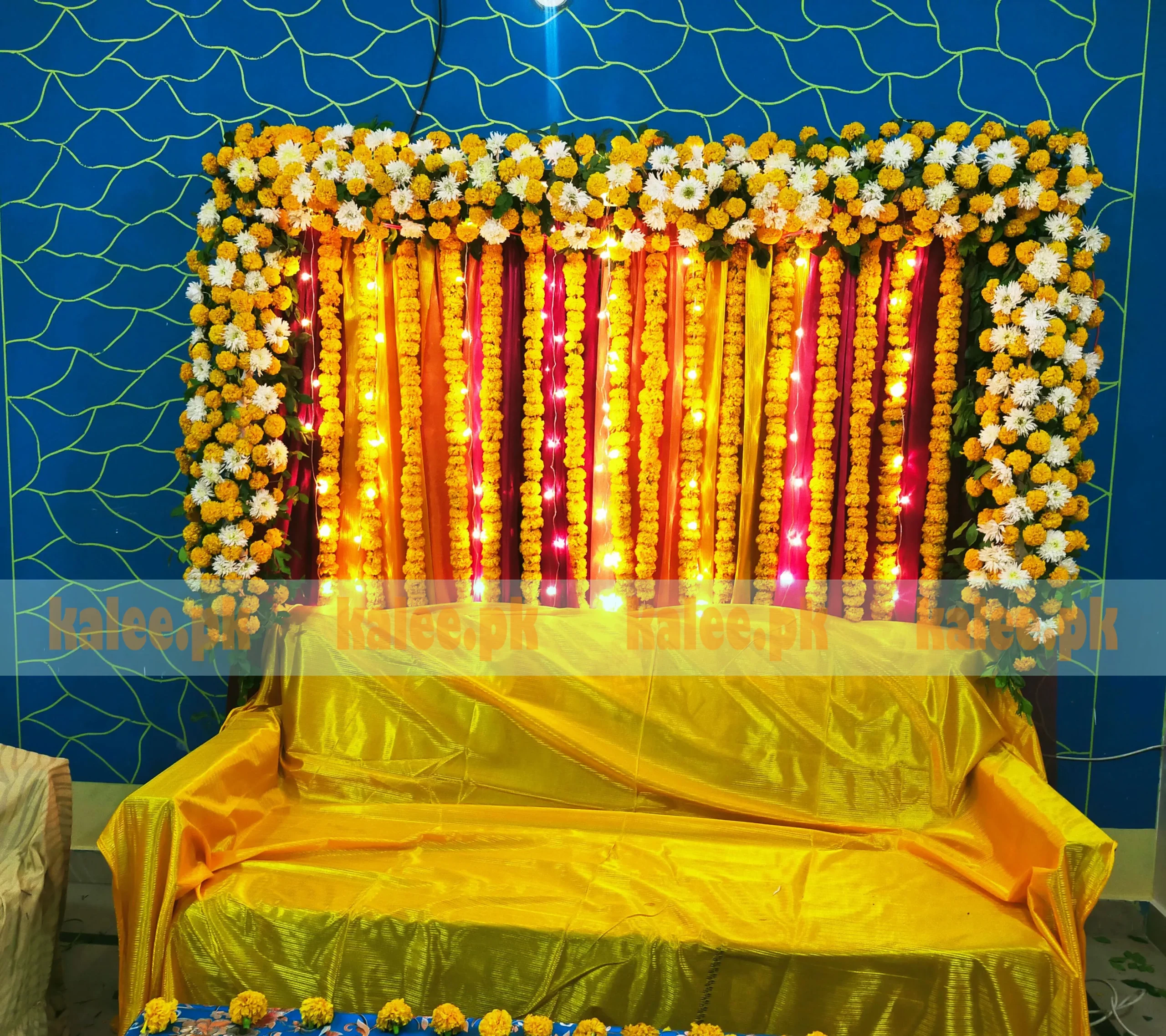 Mehndi Mayoon Stage Decor With Marigold Daisies
