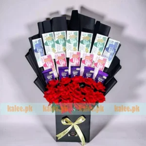 Mixed Currency Notes Box With Roses & Chocolates