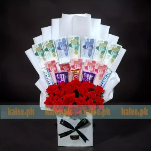 Cash Box With Mixed Currency Roses & Chocolates