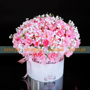 Pink Roses And Baby's Breath Flowers Box