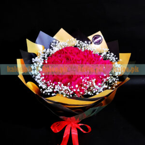 Hand Tied Red Roses Bouquet With Baby's Breath