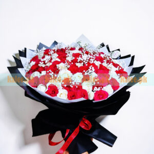 100 Red And White Roses Bouquet With Baby's Breath