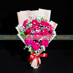 Hand Tied Bouquet With Red Roses & Baby's Breath