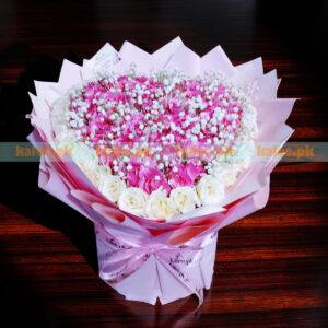 Heart Shaped Flowers Box With Pink Roses & Baby's Breath