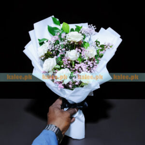 Pink Colored Baby's Breath And White Roses Bouquet