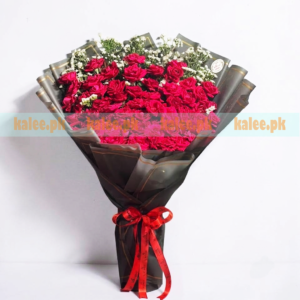 Red Roses And Aster Flowers Hand Tied Bouquet