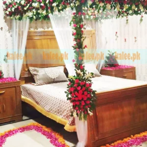 Red Rose & Tuberose Flowers Bridal Room Decoration